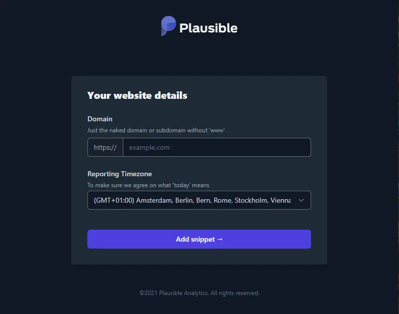 Plausible Add Website Details screen